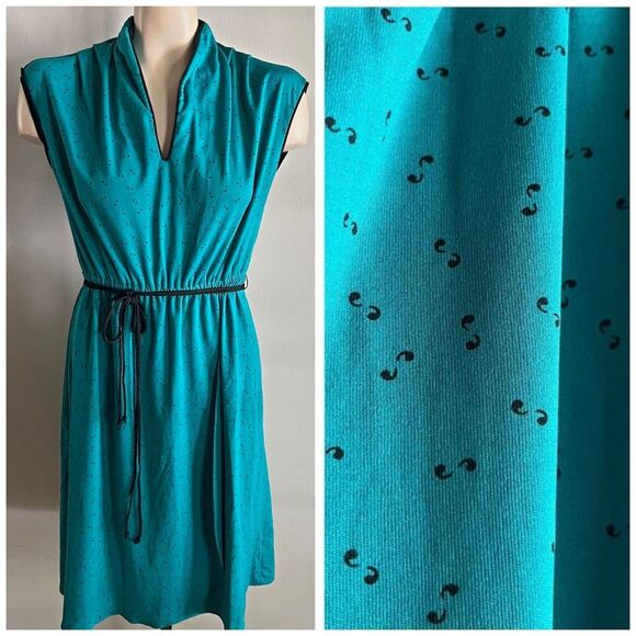 Vintage 70s 80s Teal Comma Print Dress w/ Double Rope Tie Belt quirky unique - Picture 1 of 11